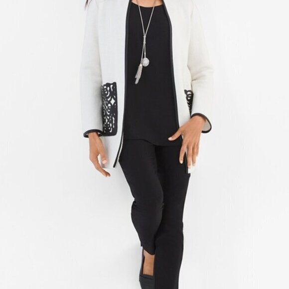 Chico's Cream with Black trim Boiled Wool Pocket-Detail Jacket Size 0 -US S/4 - Picture 13 of 15